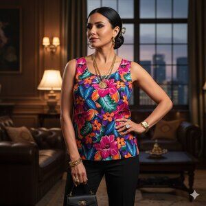 QUO-Silk Vintage 90's Women's Size Medium Tropical Floral 100% Silk Tank Top